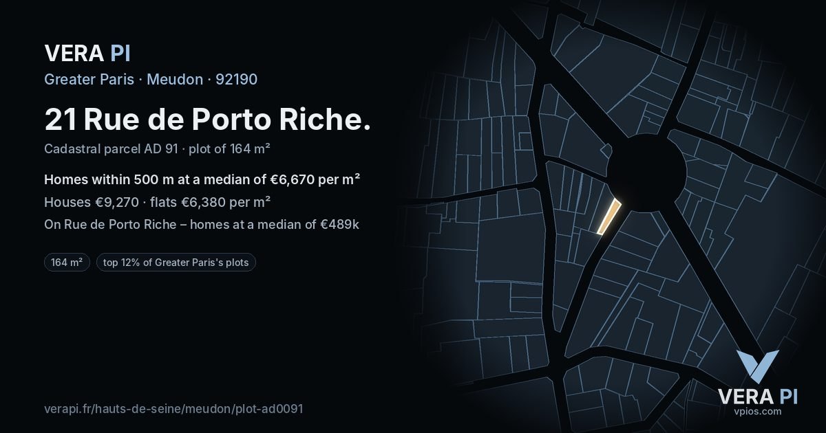 21 Rue de Porto Riche, Meudon at night – the plot lit, the parcels around coloured by the prices near them