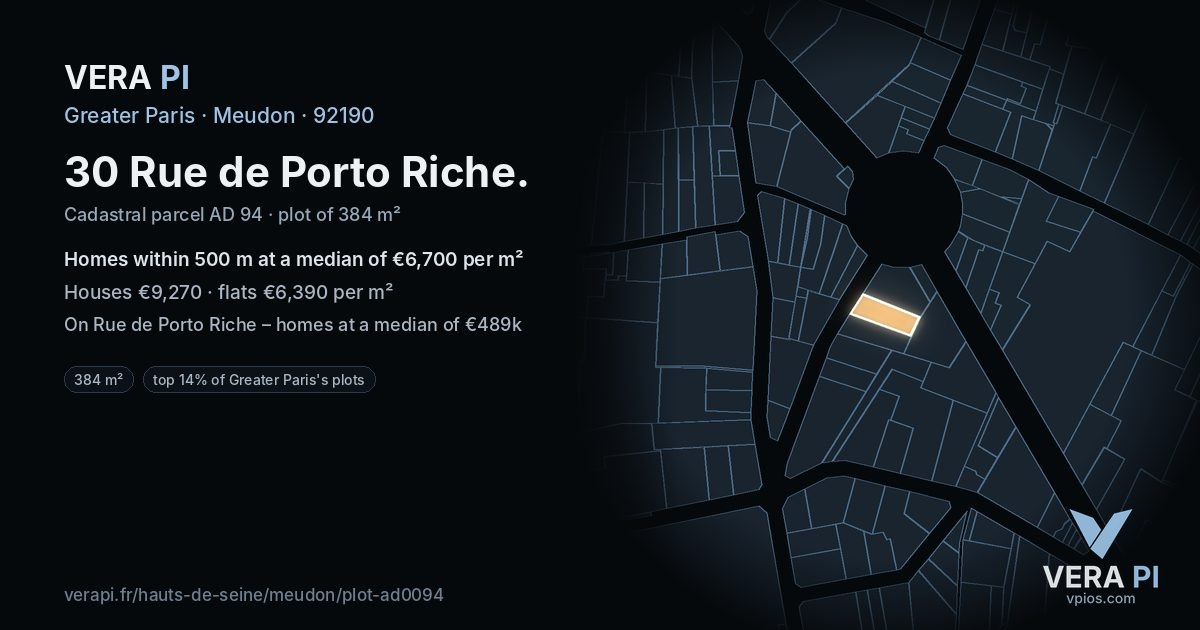 30 Rue de Porto Riche, Meudon at night – the plot lit, the parcels around coloured by the prices near them