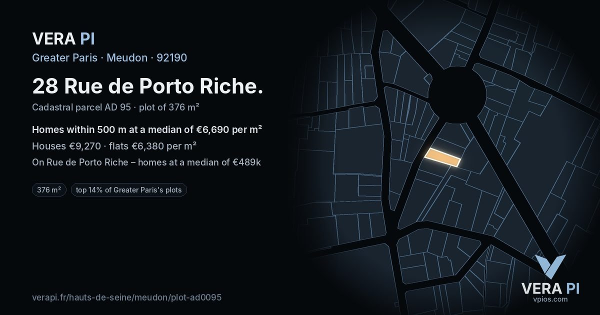 28 Rue de Porto Riche, Meudon at night – the plot lit, the parcels around coloured by the prices near them