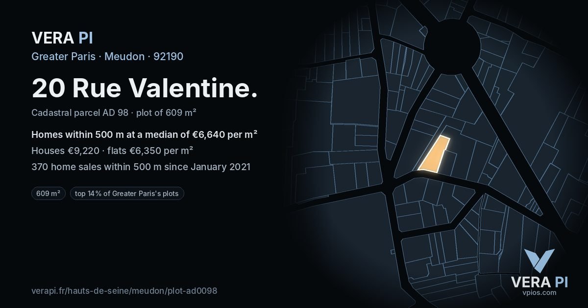 20 Rue Valentine, Meudon at night – the plot lit, the parcels around coloured by the prices near them
