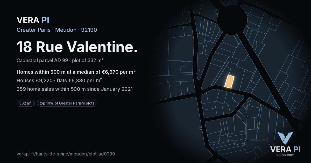 18 Rue Valentine, Meudon at night – the plot lit, the parcels around coloured by the prices near them