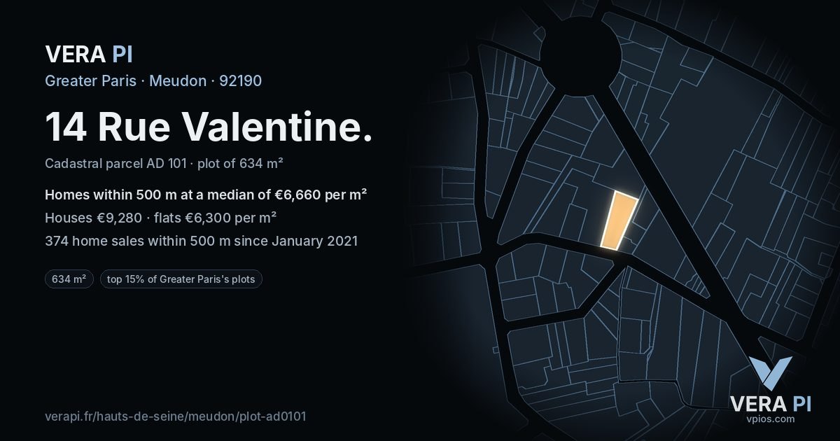 14 Rue Valentine, Meudon at night – the plot lit, the parcels around coloured by the prices near them