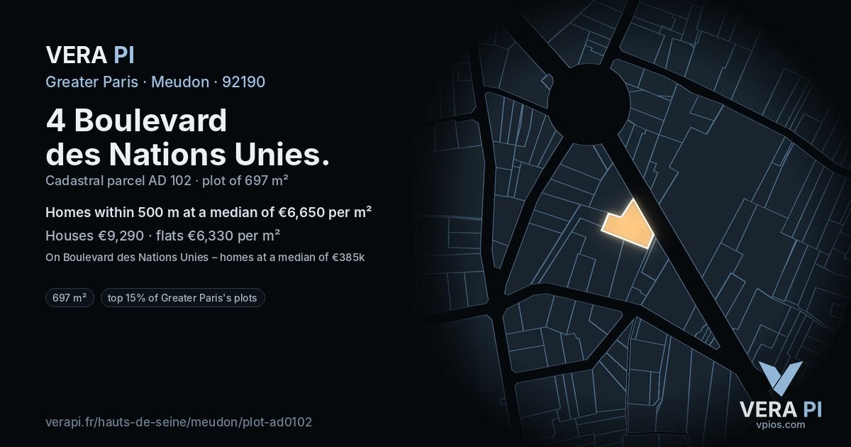 4 Boulevard des Nations Unies, Meudon at night – the plot lit, the parcels around coloured by the prices near them