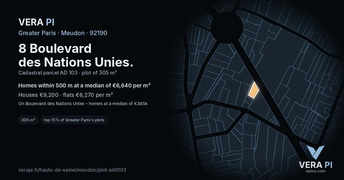 8 Boulevard des Nations Unies, Meudon at night – the plot lit, the parcels around coloured by the prices near them
