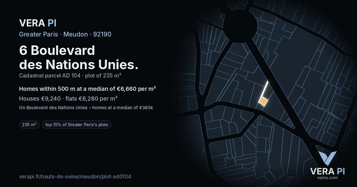 6 Boulevard des Nations Unies, Meudon at night – the plot lit, the parcels around coloured by the prices near them