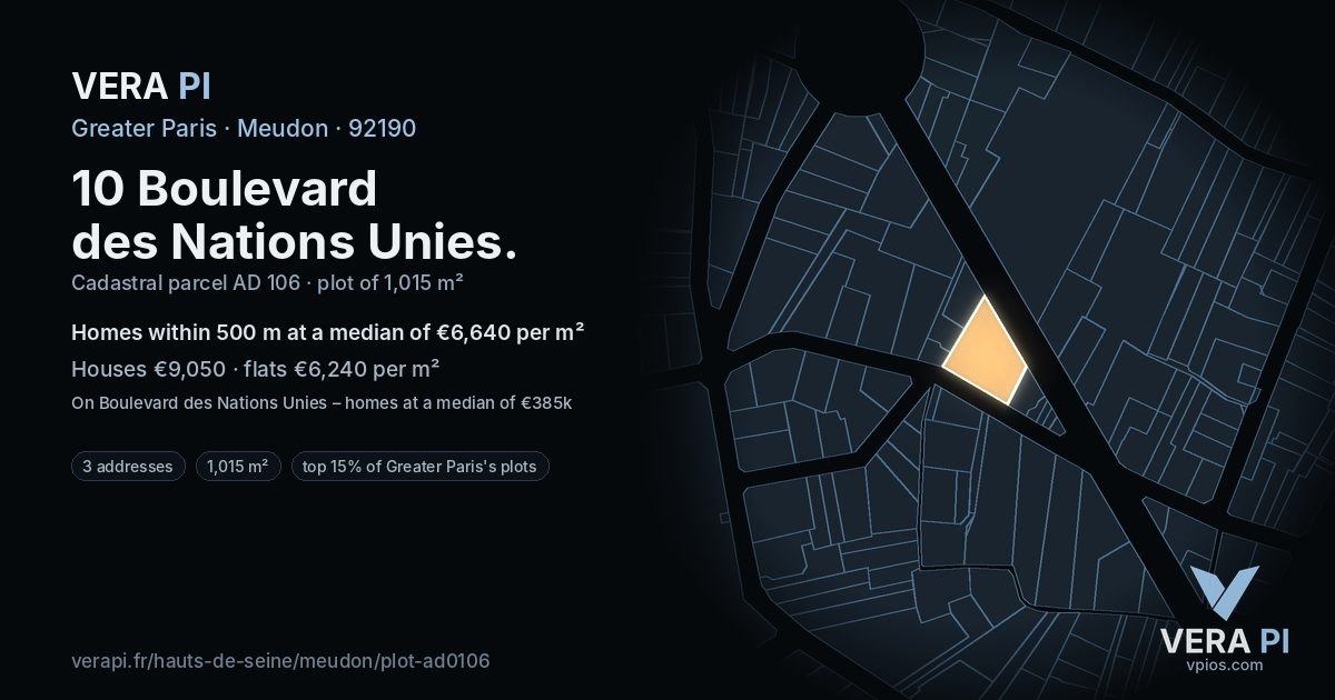 10 Boulevard des Nations Unies, Meudon at night – the plot lit, the parcels around coloured by the prices near them