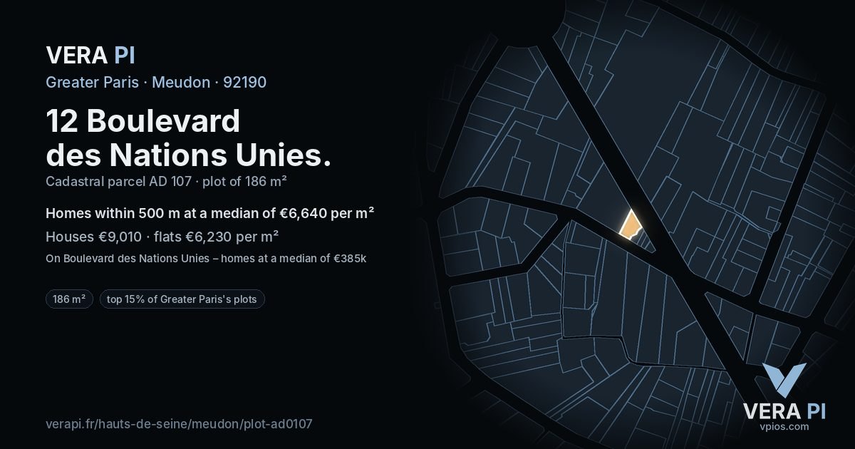 12 Boulevard des Nations Unies, Meudon at night – the plot lit, the parcels around coloured by the prices near them