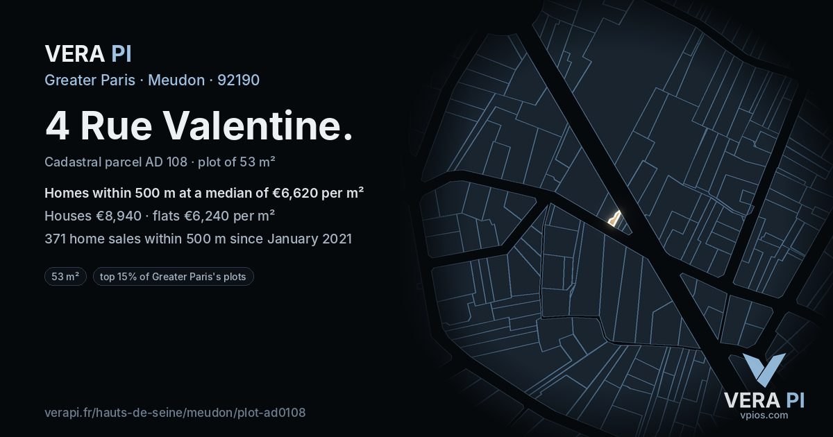 4 Rue Valentine, Meudon at night – the plot lit, the parcels around coloured by the prices near them