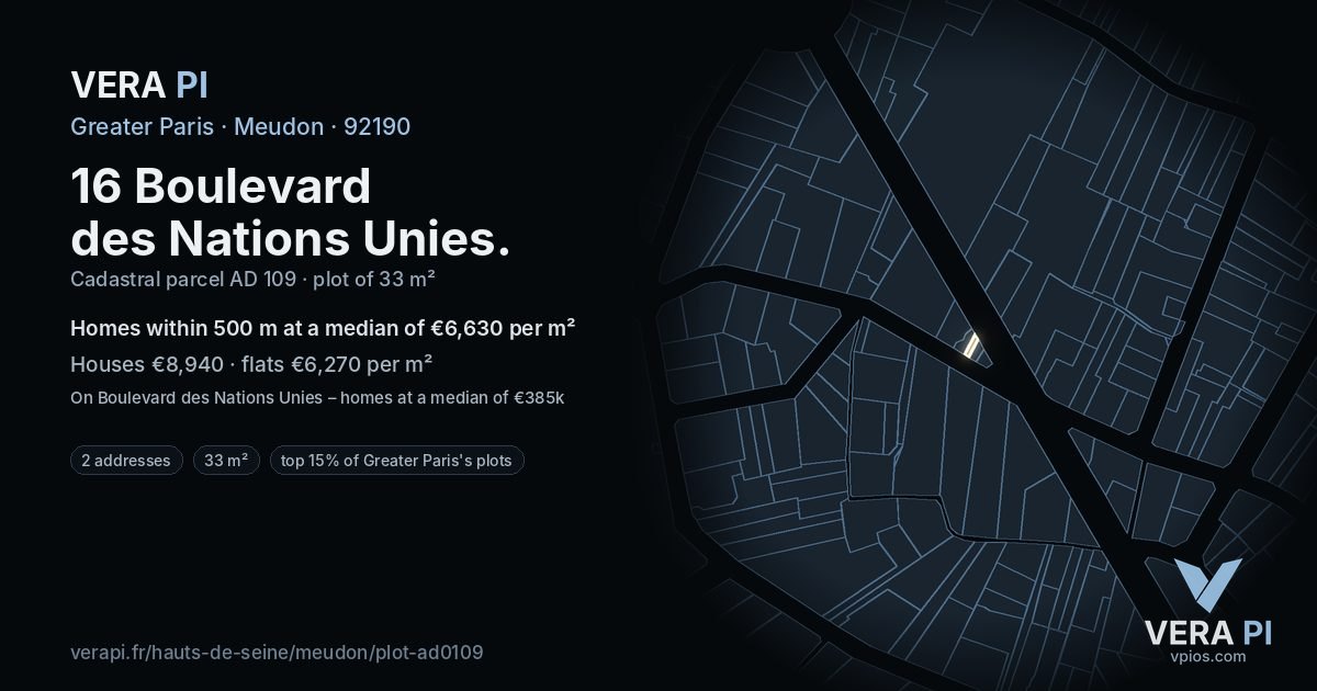 16 Boulevard des Nations Unies, Meudon at night – the plot lit, the parcels around coloured by the prices near them