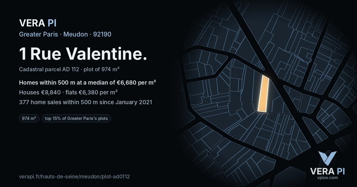 1 Rue Valentine, Meudon at night – the plot lit, the parcels around coloured by the prices near them