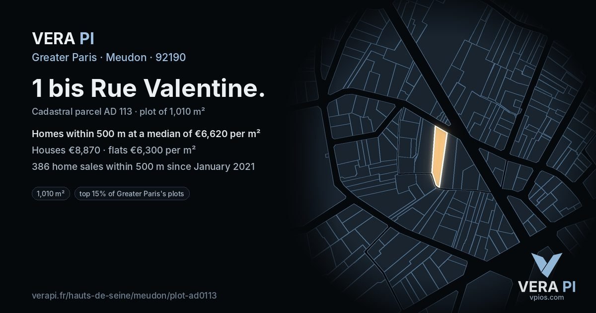 1 bis Rue Valentine, Meudon at night – the plot lit, the parcels around coloured by the prices near them