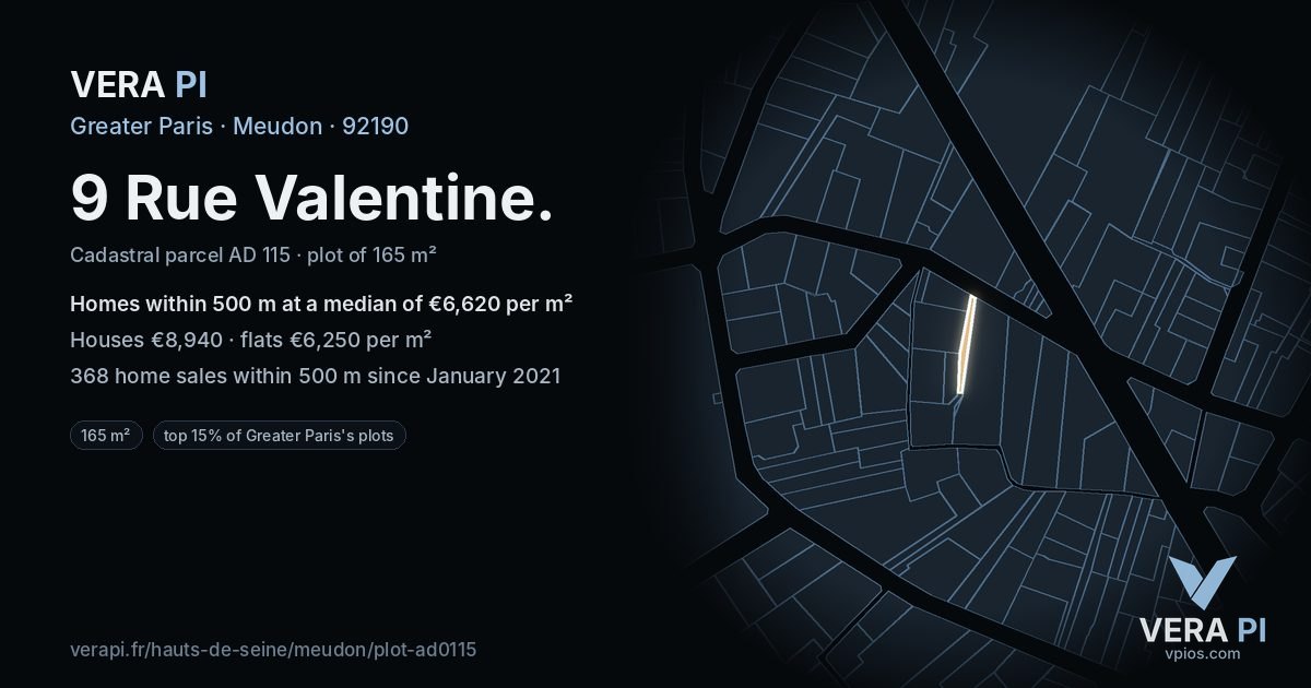 9 Rue Valentine, Meudon at night – the plot lit, the parcels around coloured by the prices near them