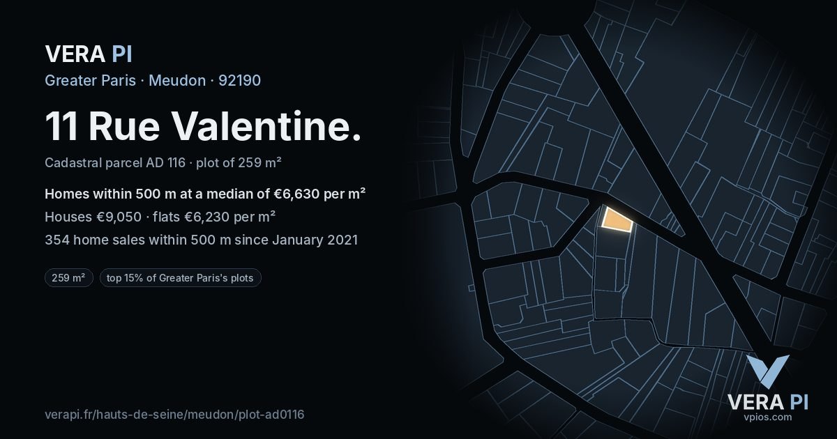11 Rue Valentine, Meudon at night – the plot lit, the parcels around coloured by the prices near them