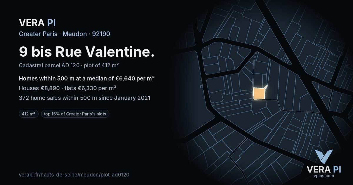 9 bis Rue Valentine, Meudon at night – the plot lit, the parcels around coloured by the prices near them