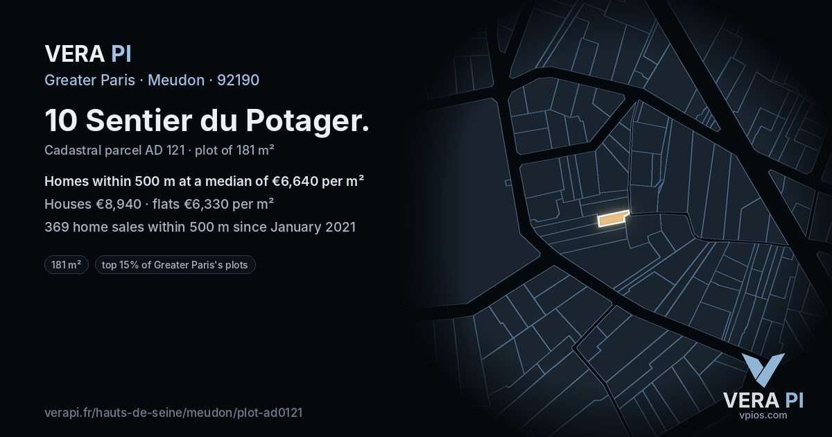 10 Sentier du Potager, Meudon at night – the plot lit, the parcels around coloured by the prices near them