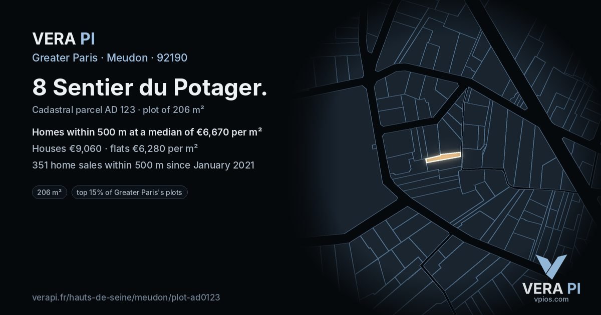 8 Sentier du Potager, Meudon at night – the plot lit, the parcels around coloured by the prices near them