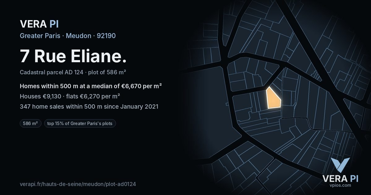 7 Rue Eliane, Meudon at night – the plot lit, the parcels around coloured by the prices near them