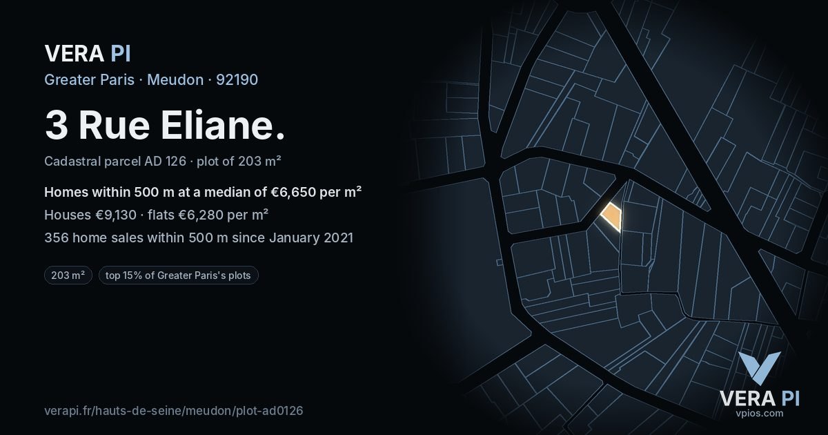 3 Rue Eliane, Meudon at night – the plot lit, the parcels around coloured by the prices near them