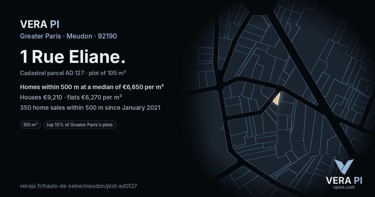 1 Rue Eliane, Meudon at night – the plot lit, the parcels around coloured by the prices near them