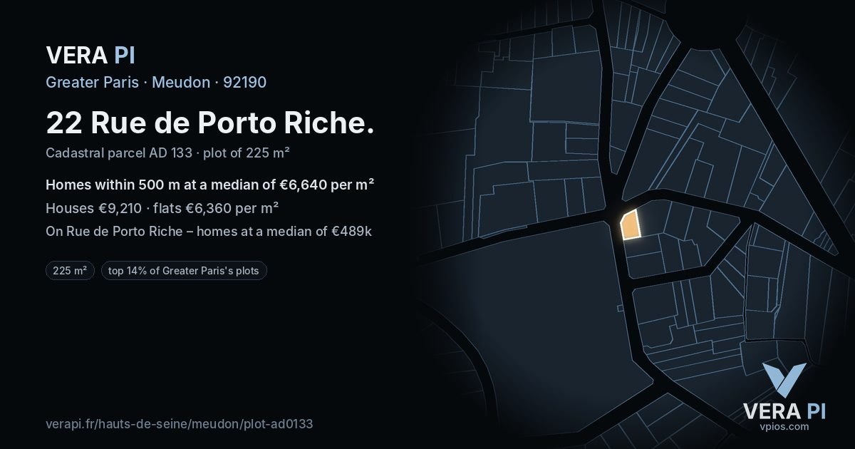 22 Rue de Porto Riche, Meudon at night – the plot lit, the parcels around coloured by the prices near them