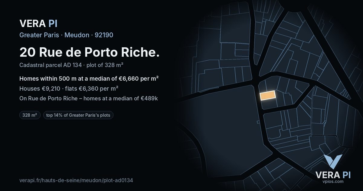 20 Rue de Porto Riche, Meudon at night – the plot lit, the parcels around coloured by the prices near them