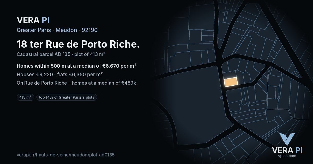 18 ter Rue de Porto Riche, Meudon at night – the plot lit, the parcels around coloured by the prices near them