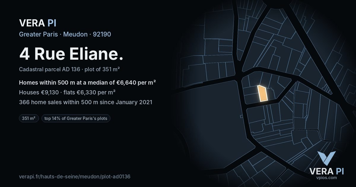 4 Rue Eliane, Meudon at night – the plot lit, the parcels around coloured by the prices near them