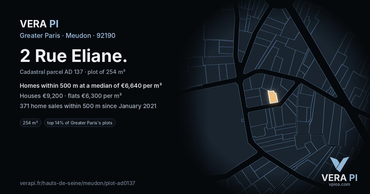 2 Rue Eliane, Meudon at night – the plot lit, the parcels around coloured by the prices near them