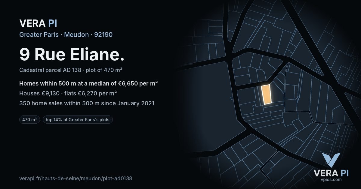 9 Rue Eliane, Meudon at night – the plot lit, the parcels around coloured by the prices near them