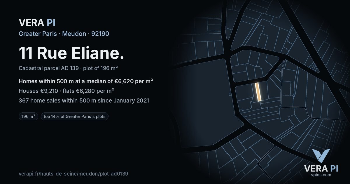 11 Rue Eliane, Meudon at night – the plot lit, the parcels around coloured by the prices near them