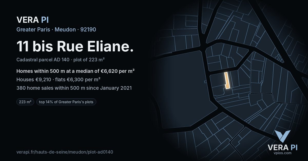 11 bis Rue Eliane, Meudon at night – the plot lit, the parcels around coloured by the prices near them
