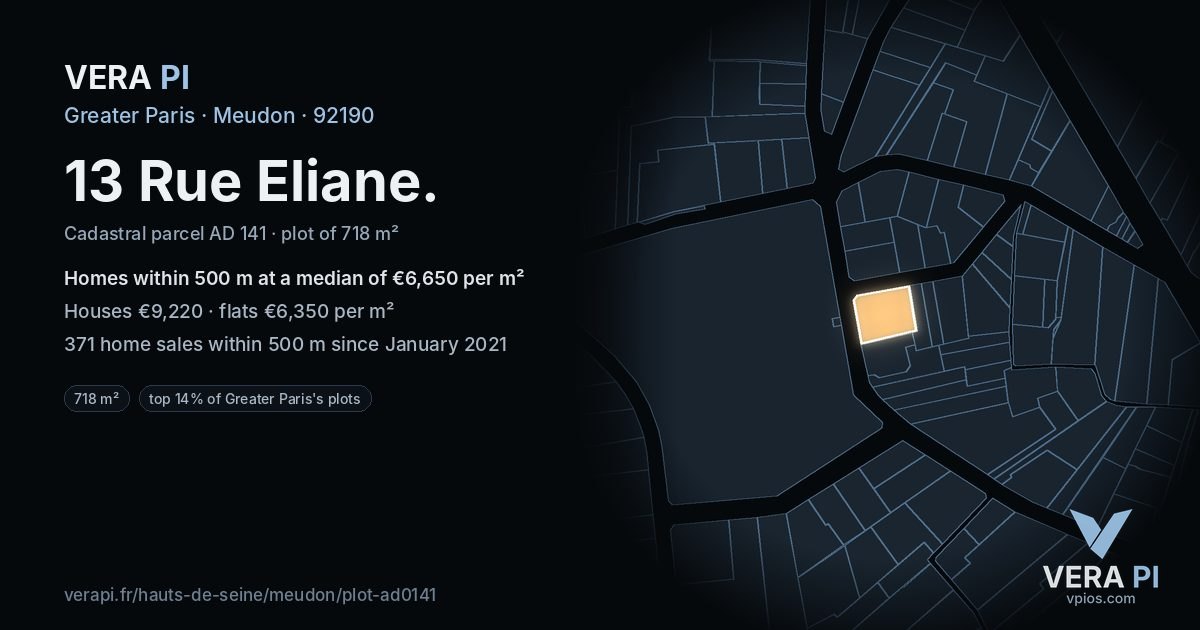 13 Rue Eliane, Meudon at night – the plot lit, the parcels around coloured by the prices near them