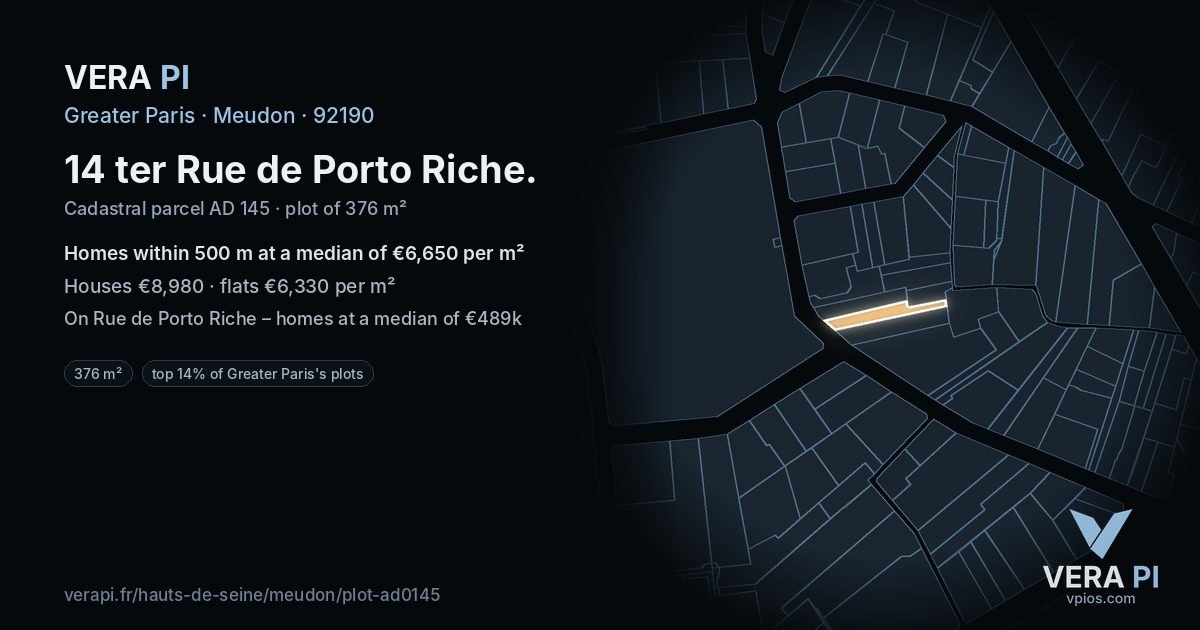14 ter Rue de Porto Riche, Meudon at night – the plot lit, the parcels around coloured by the prices near them