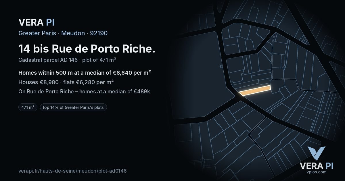 14 bis Rue de Porto Riche, Meudon at night – the plot lit, the parcels around coloured by the prices near them