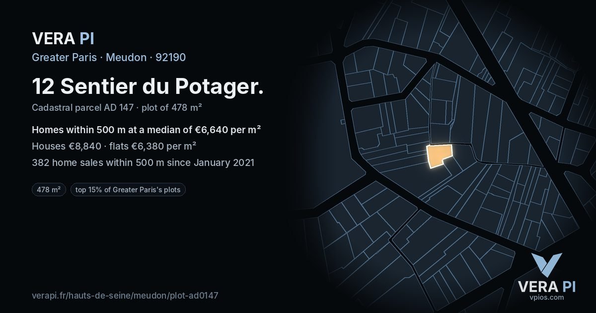 12 Sentier du Potager, Meudon at night – the plot lit, the parcels around coloured by the prices near them