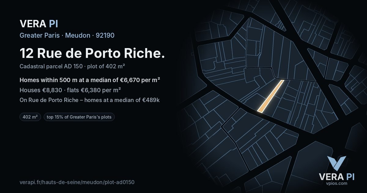 12 Rue de Porto Riche, Meudon at night – the plot lit, the parcels around coloured by the prices near them