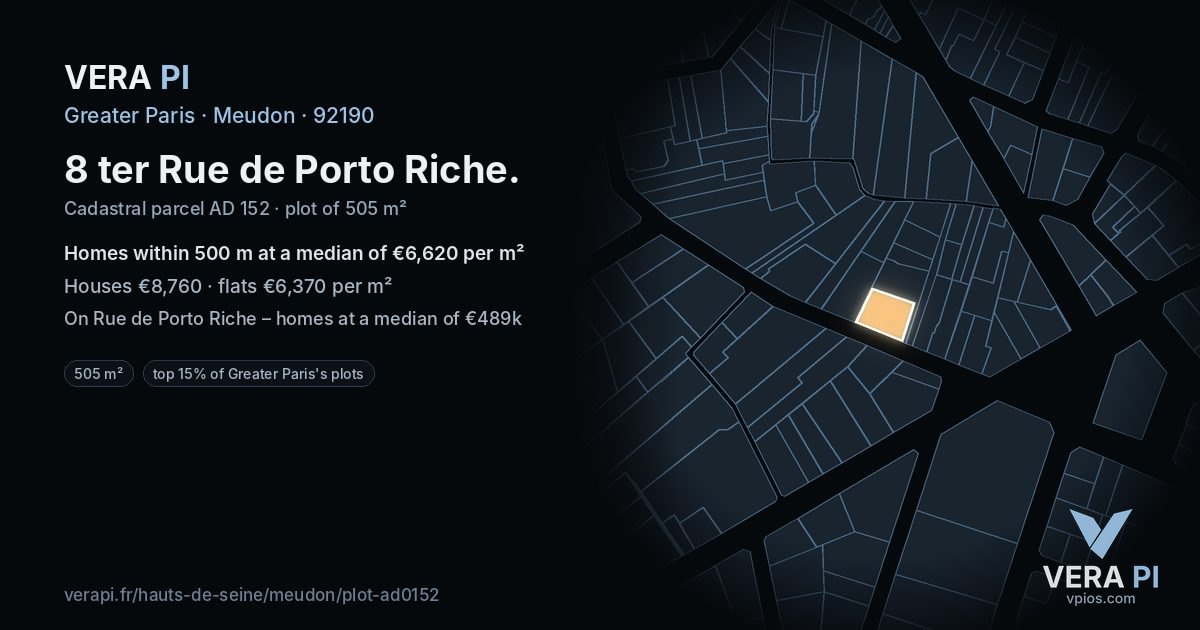 8 ter Rue de Porto Riche, Meudon at night – the plot lit, the parcels around coloured by the prices near them