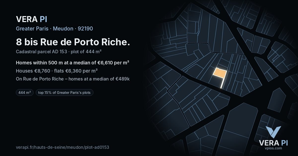 8 bis Rue de Porto Riche, Meudon at night – the plot lit, the parcels around coloured by the prices near them