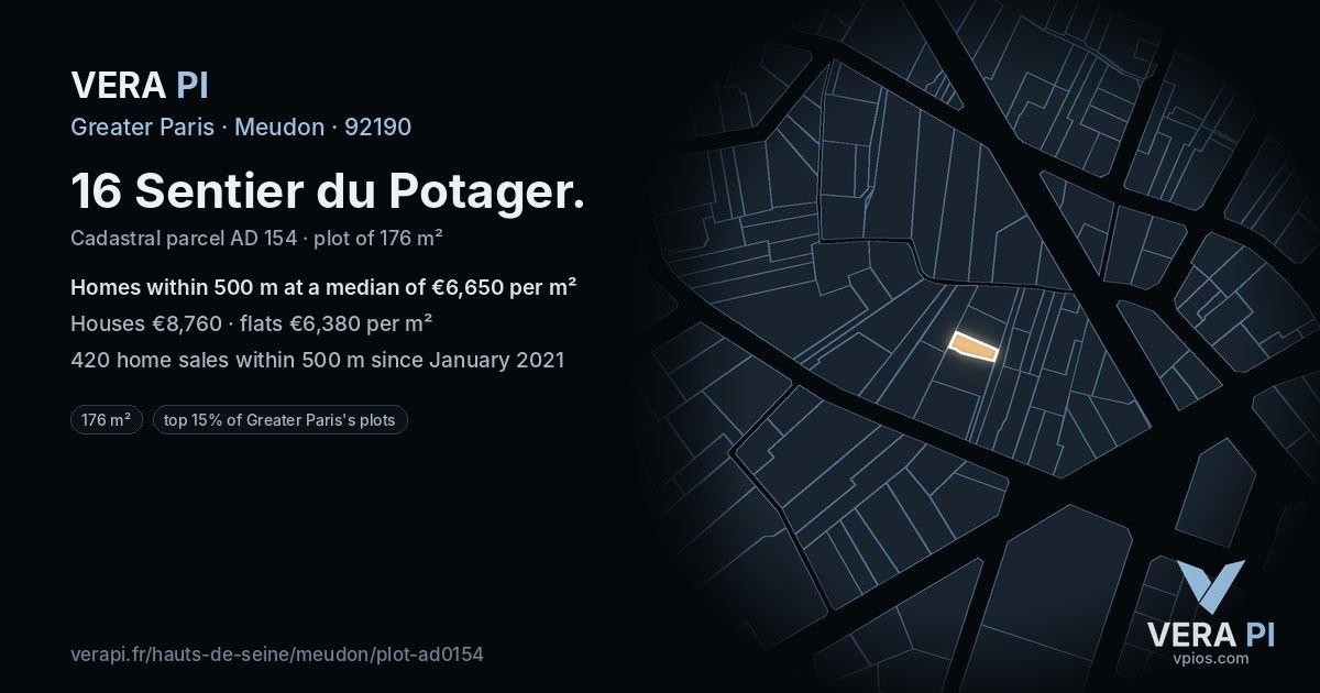 16 Sentier du Potager, Meudon at night – the plot lit, the parcels around coloured by the prices near them