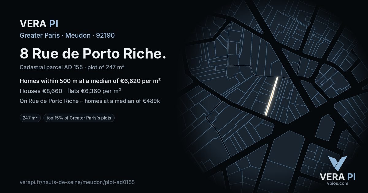 8 Rue de Porto Riche, Meudon at night – the plot lit, the parcels around coloured by the prices near them
