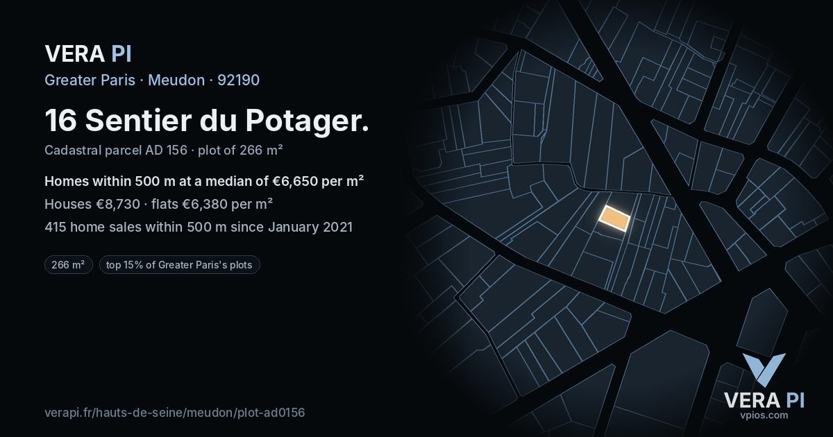 16 Sentier du Potager, Meudon at night – the plot lit, the parcels around coloured by the prices near them