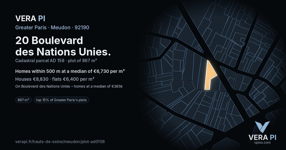 20 Boulevard des Nations Unies, Meudon at night – the plot lit, the parcels around coloured by the prices near them
