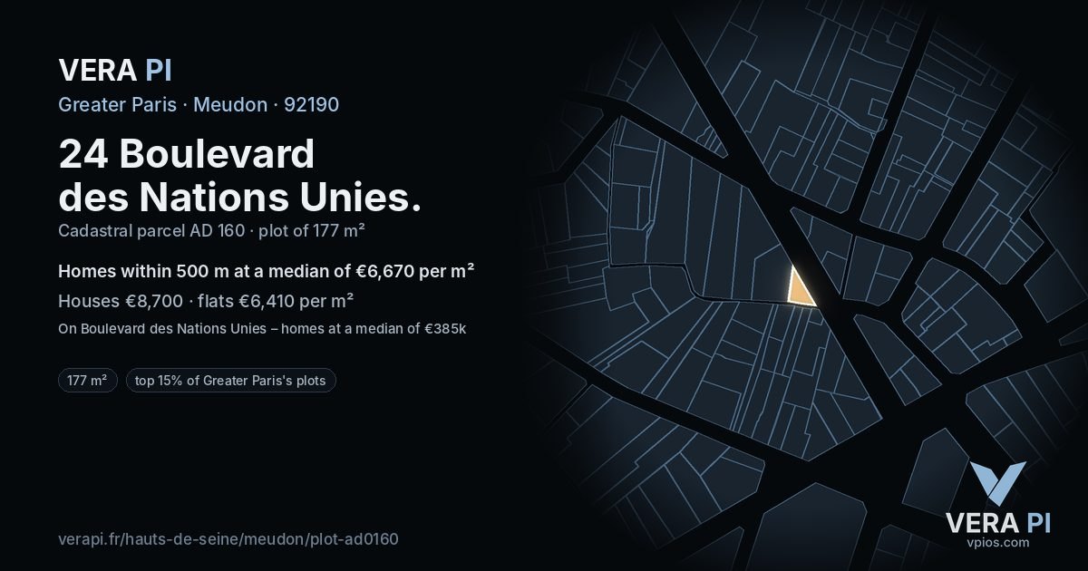 24 Boulevard des Nations Unies, Meudon at night – the plot lit, the parcels around coloured by the prices near them