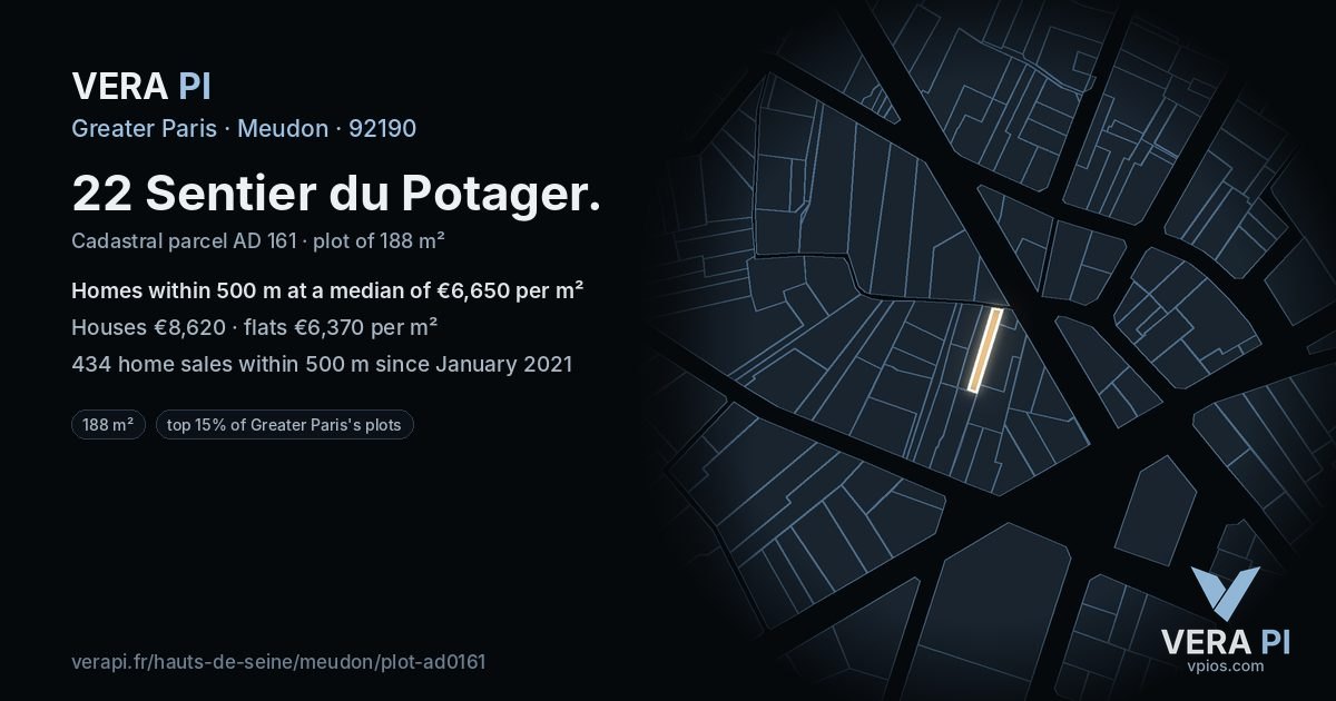 22 Sentier du Potager, Meudon at night – the plot lit, the parcels around coloured by the prices near them