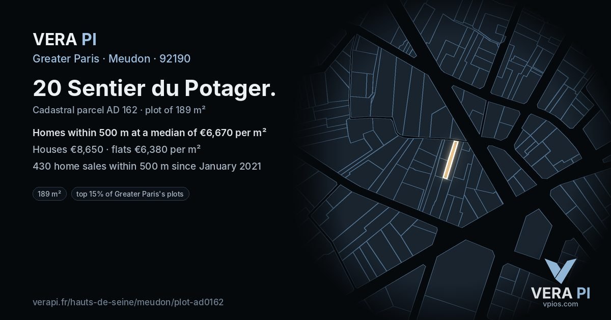 20 Sentier du Potager, Meudon at night – the plot lit, the parcels around coloured by the prices near them