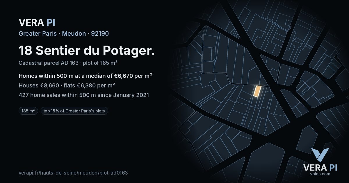 18 Sentier du Potager, Meudon at night – the plot lit, the parcels around coloured by the prices near them