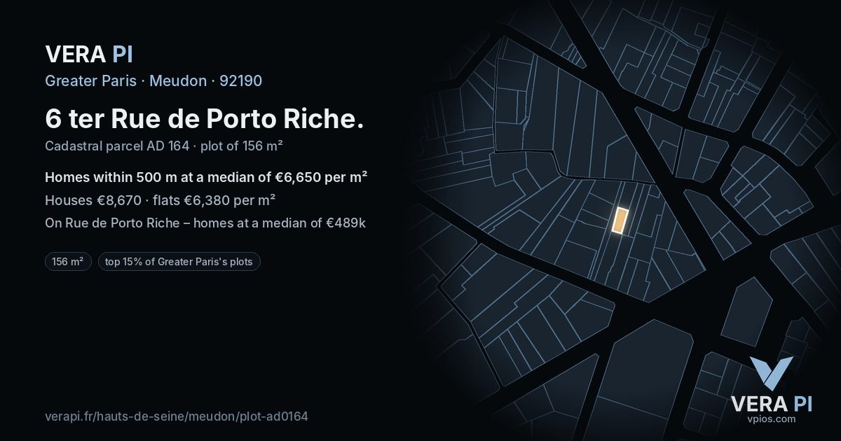 6 ter Rue de Porto Riche, Meudon at night – the plot lit, the parcels around coloured by the prices near them