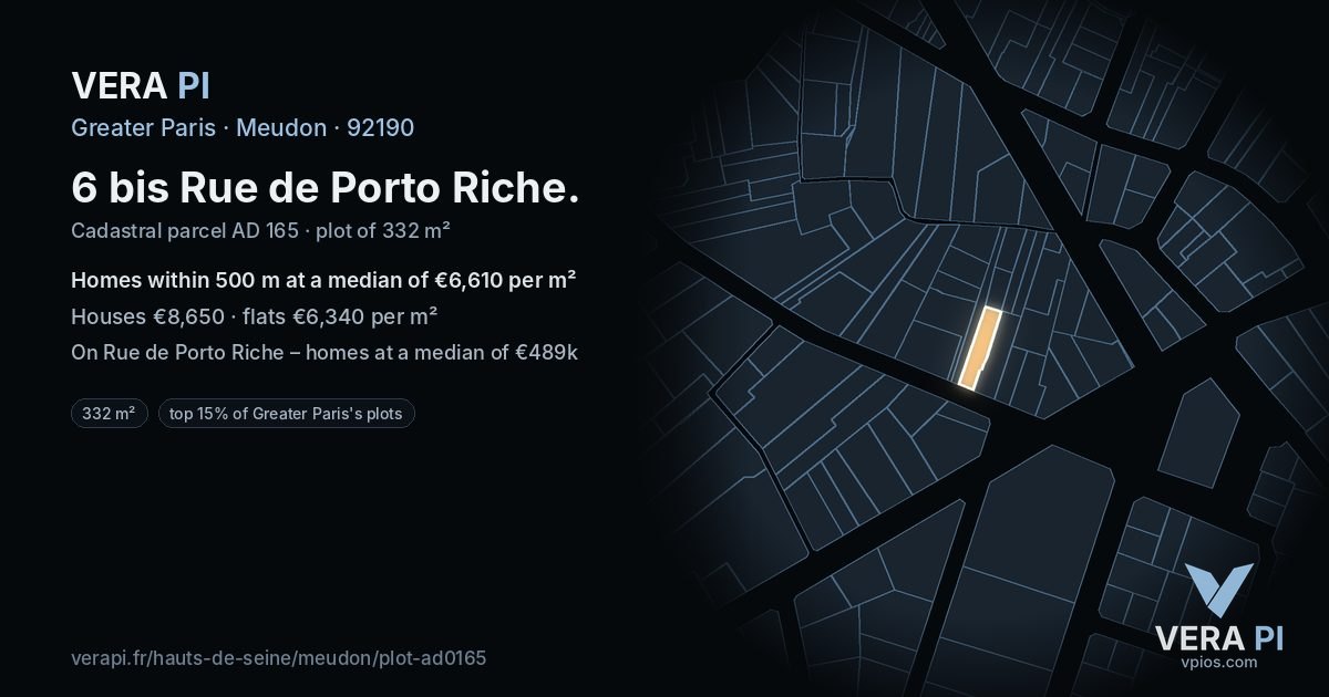 6 bis Rue de Porto Riche, Meudon at night – the plot lit, the parcels around coloured by the prices near them
