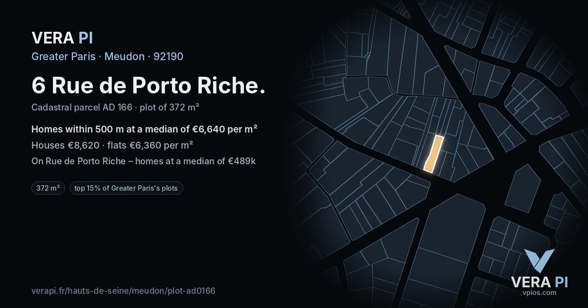 6 Rue de Porto Riche, Meudon at night – the plot lit, the parcels around coloured by the prices near them