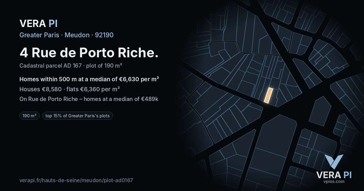 4 Rue de Porto Riche, Meudon at night – the plot lit, the parcels around coloured by the prices near them